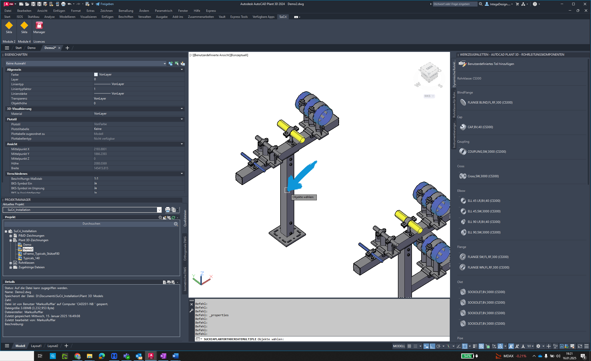 Select a component in AutoCAD Plant3D