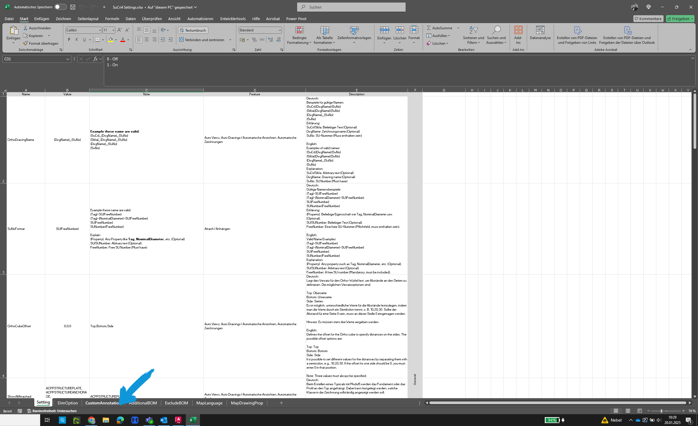 Excel-Tabelle für CustomAnnotation