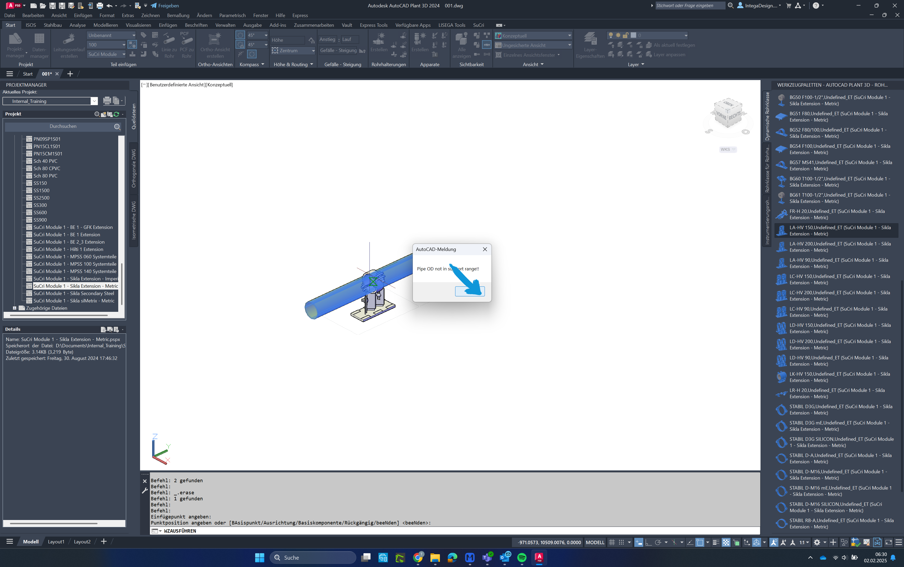 Red marked support in AutoCAD Plant3D