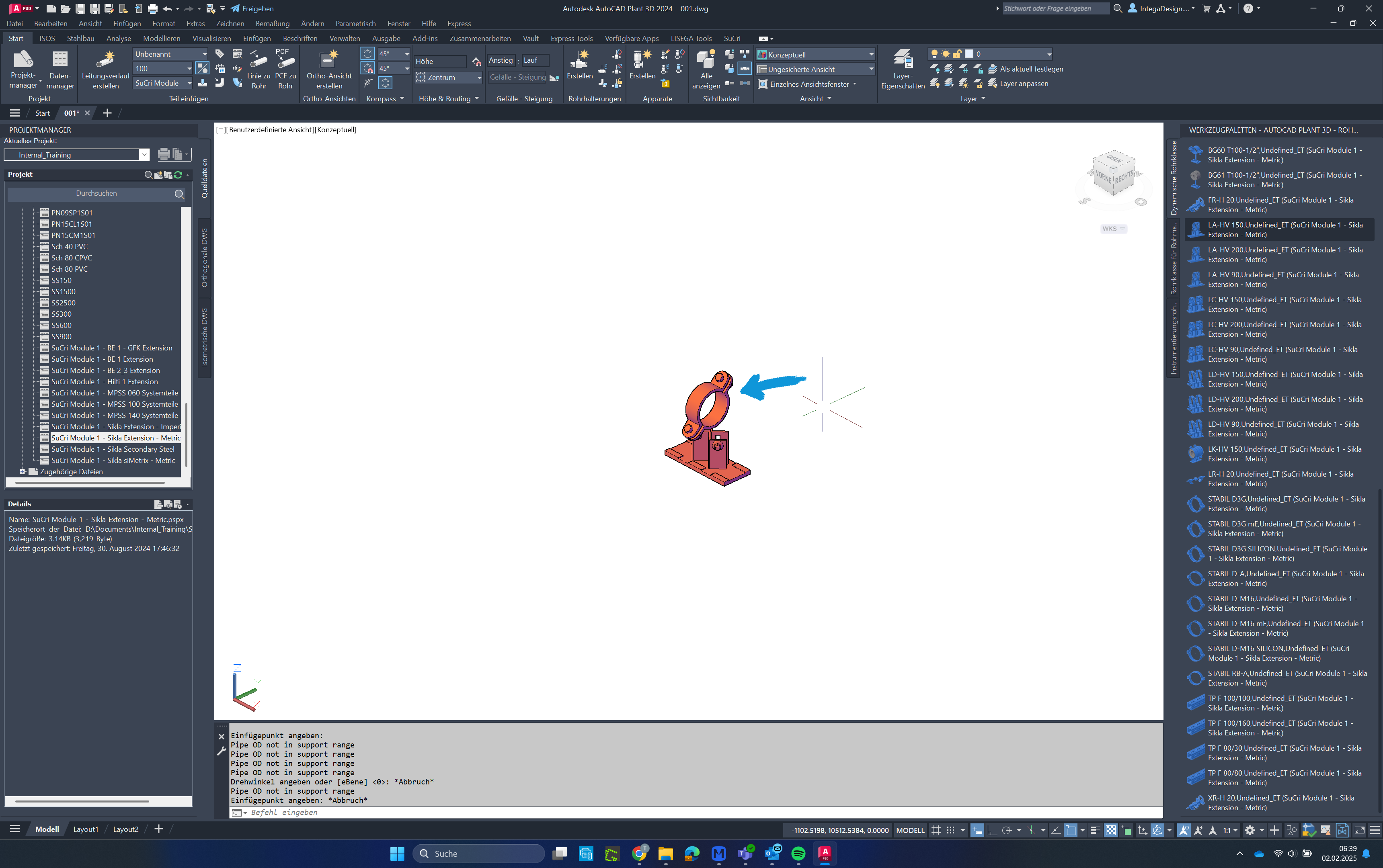 Red marked support in AutoCAD Plant3D