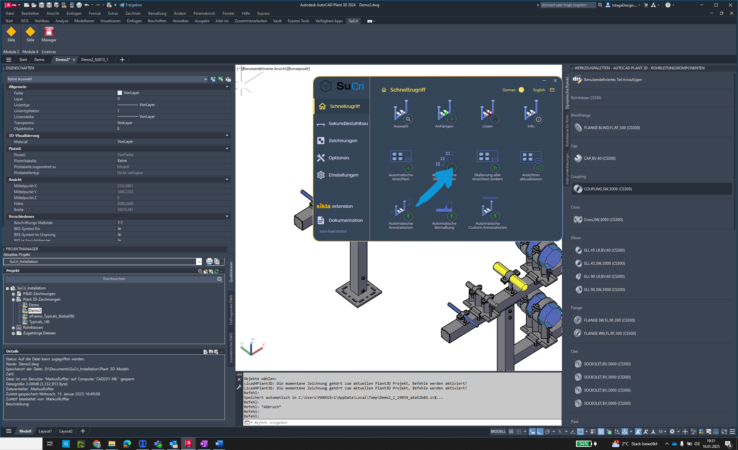 Button for automatic drawings in AutoCAD Plant3D