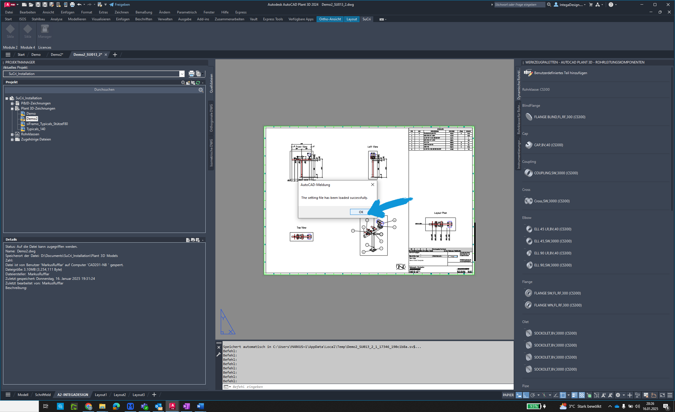 Confirm success message in AutoCAD Plant3D