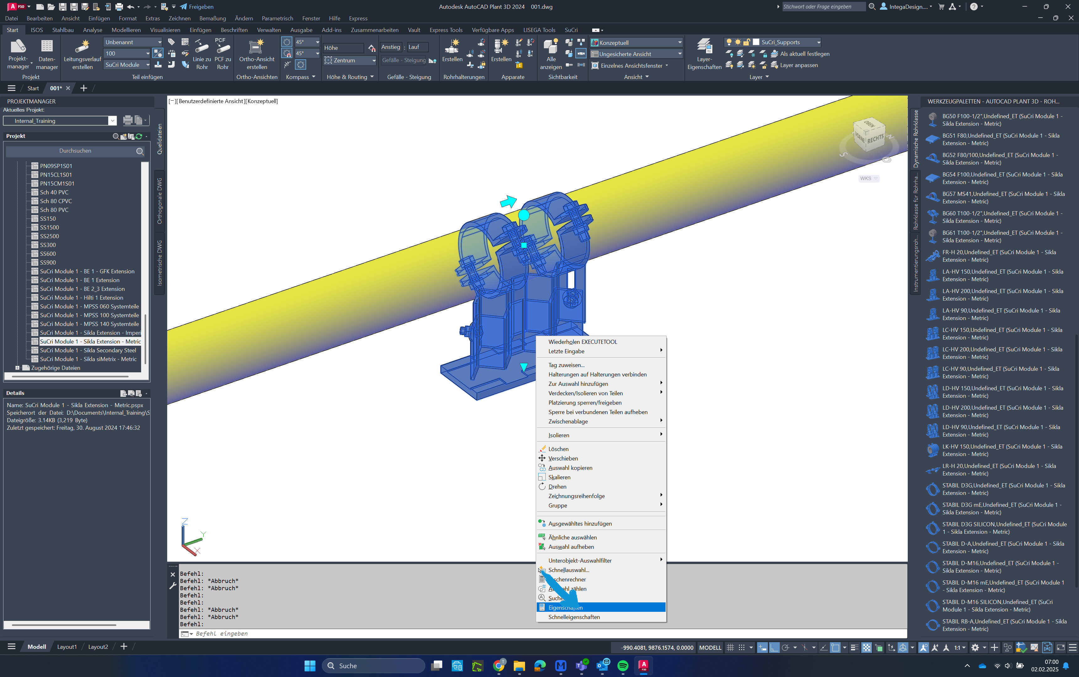 Öffnen der Eigenschaften in AutoCAD Plant3D