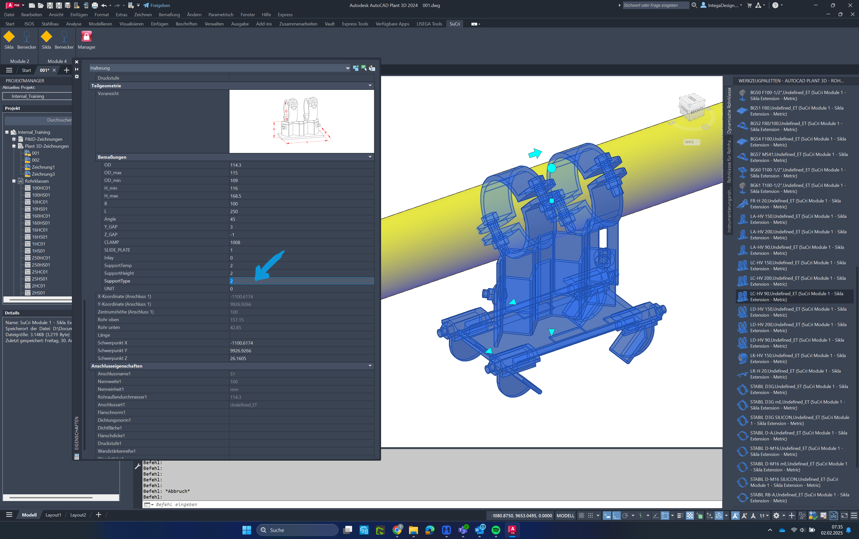 Ändern des Support-Typs in AutoCAD Plant3D