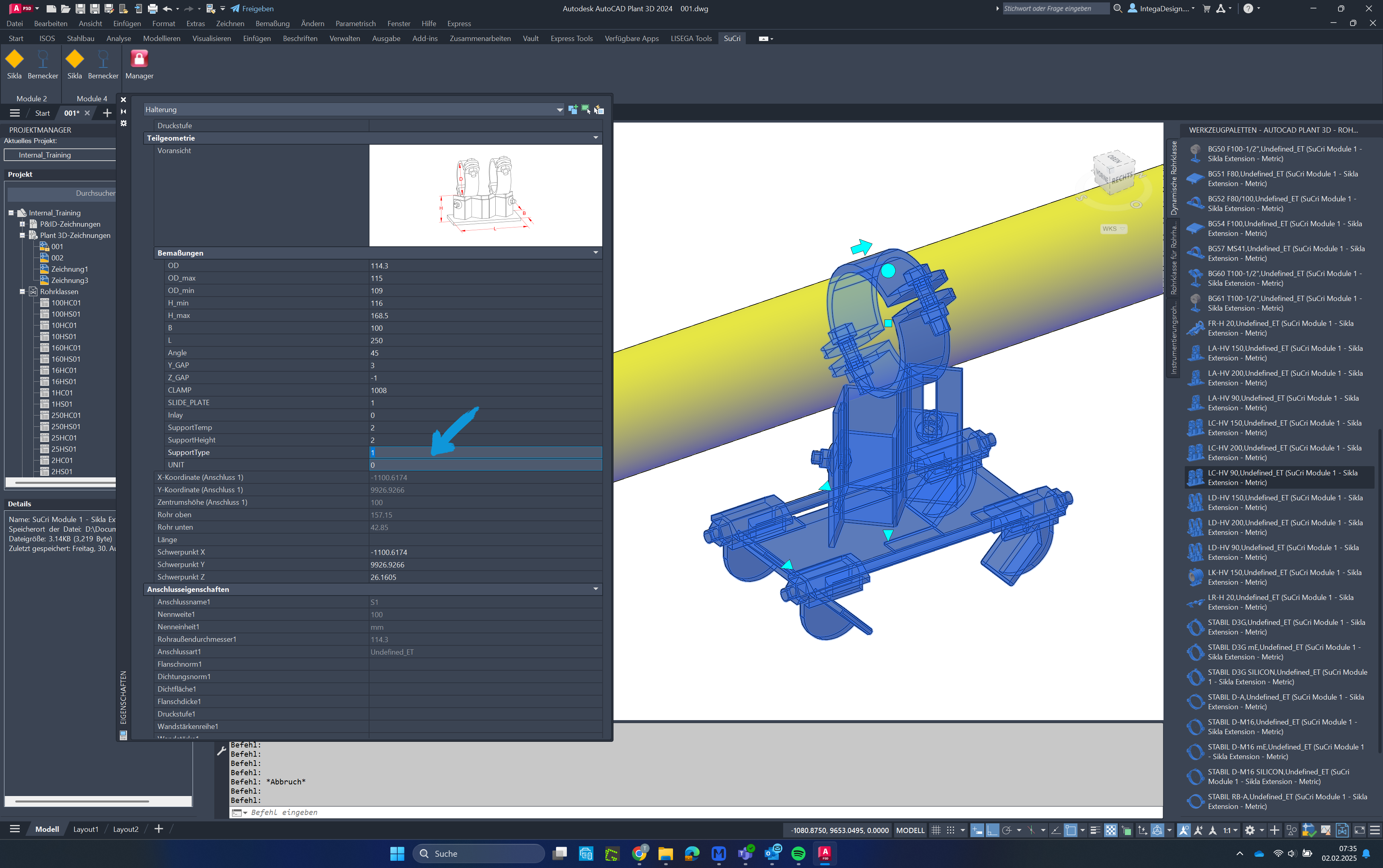 Ändern der Supporthöhe in AutoCAD Plant3D