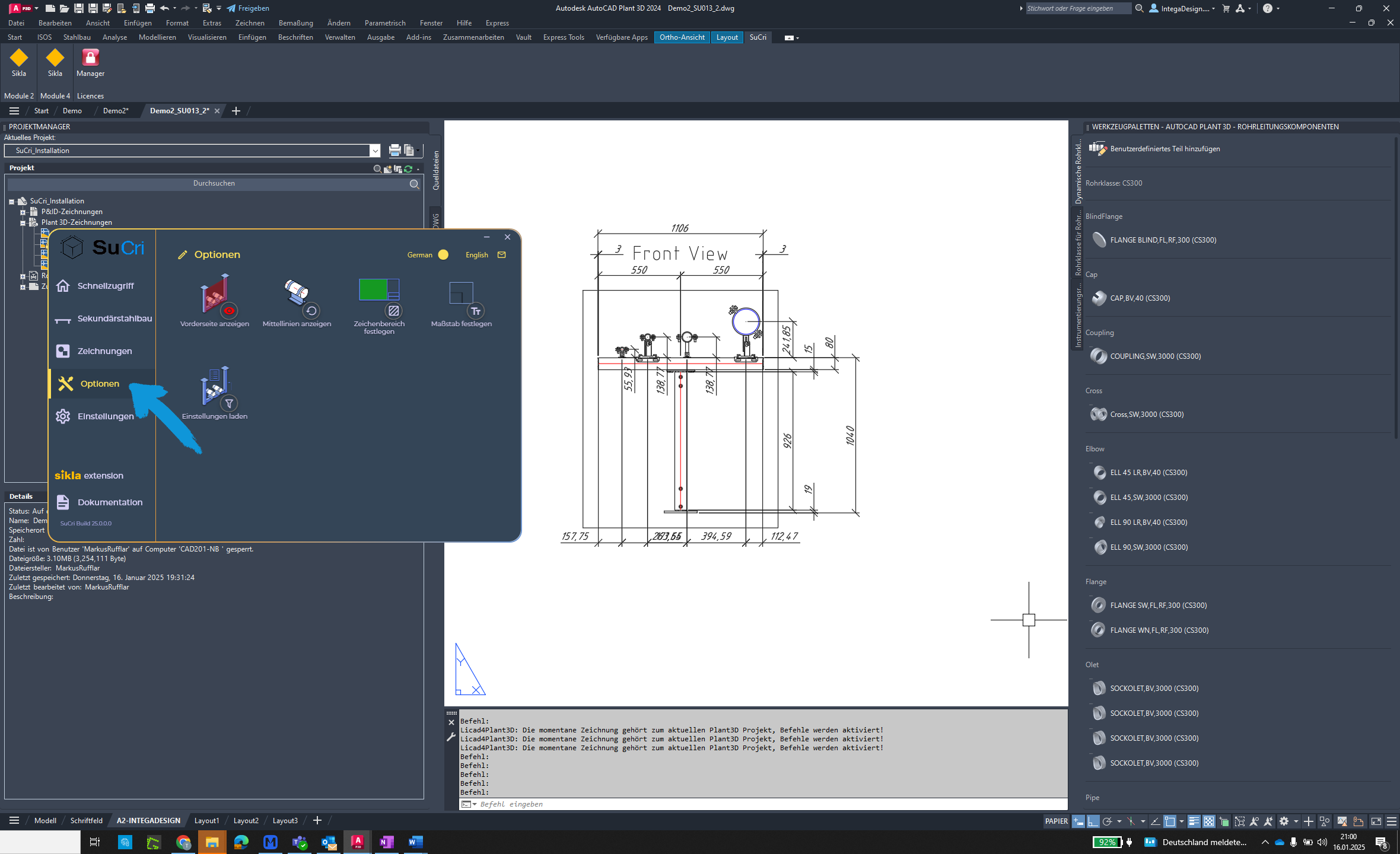 Select options in AutoCAD Plant3D